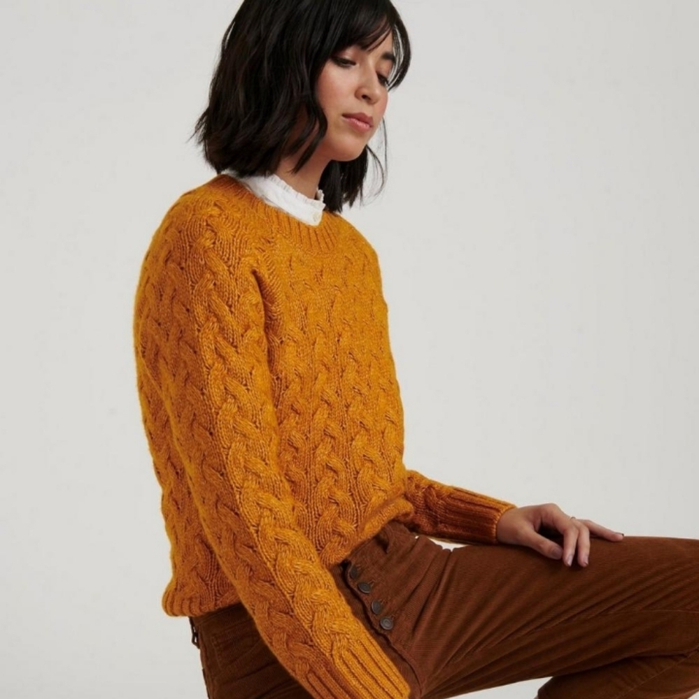 Lucky Brand Mustard Cable Knit Crewneck Sweater